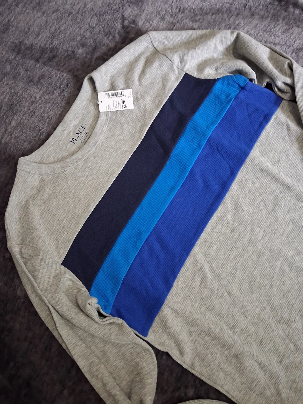 NWT The Childrens Place Boys Thermal Long Sleeve Shirt Gray/Blue Stripe XL 14
